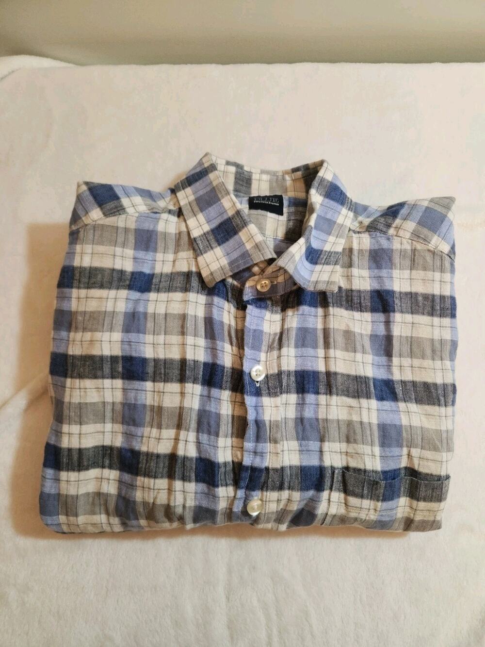 Saks Of Fifth Avenue 100% Linen Shirt Mens Large Blue Plaid Short Sleeve Boho